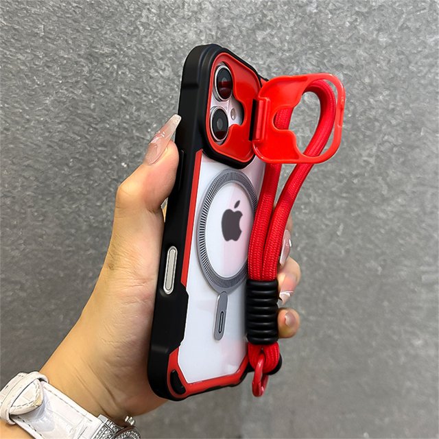 Armor Candy Color Clash For Magsafe Phone Case For iPhone 11 15 14 13 12 16 Pro Max Plus Stand With Wrist Strap Phone Back Cover Red For iPhone 12