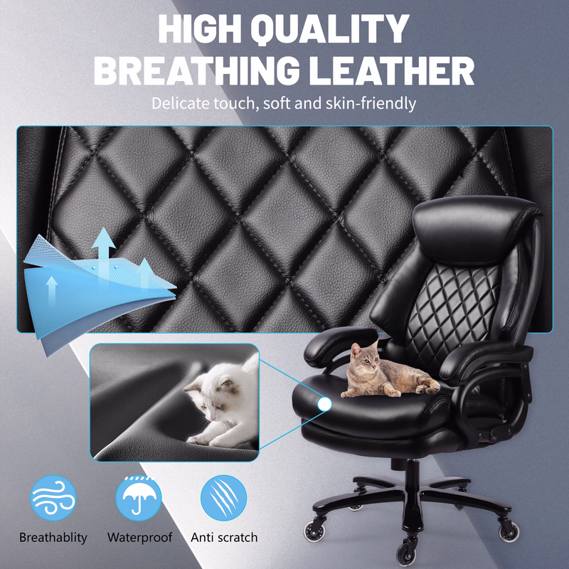 Qusaphy 800LBS Big and Tall Executive Office Chair, PU Leather Ergonomic Desk Chair with Adjustable Backrest and Thick Padded Cushion, Heavy Duty Chair for Home or Office Black