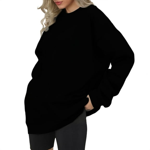 ManxiVoo Women's Casual Long Sleeve Round Neck Sweatshirt for Fall and Winter Comfort Top S Size Black