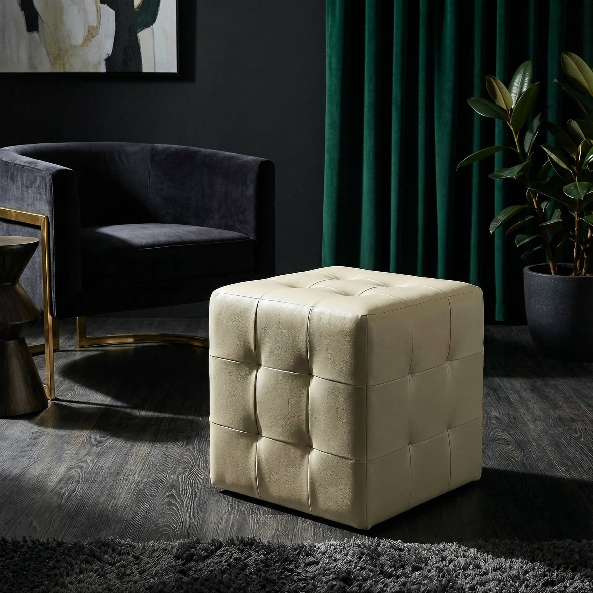 Cortesi Home Braque  Tufted Cube Ottoman in Ivory Faux Leather