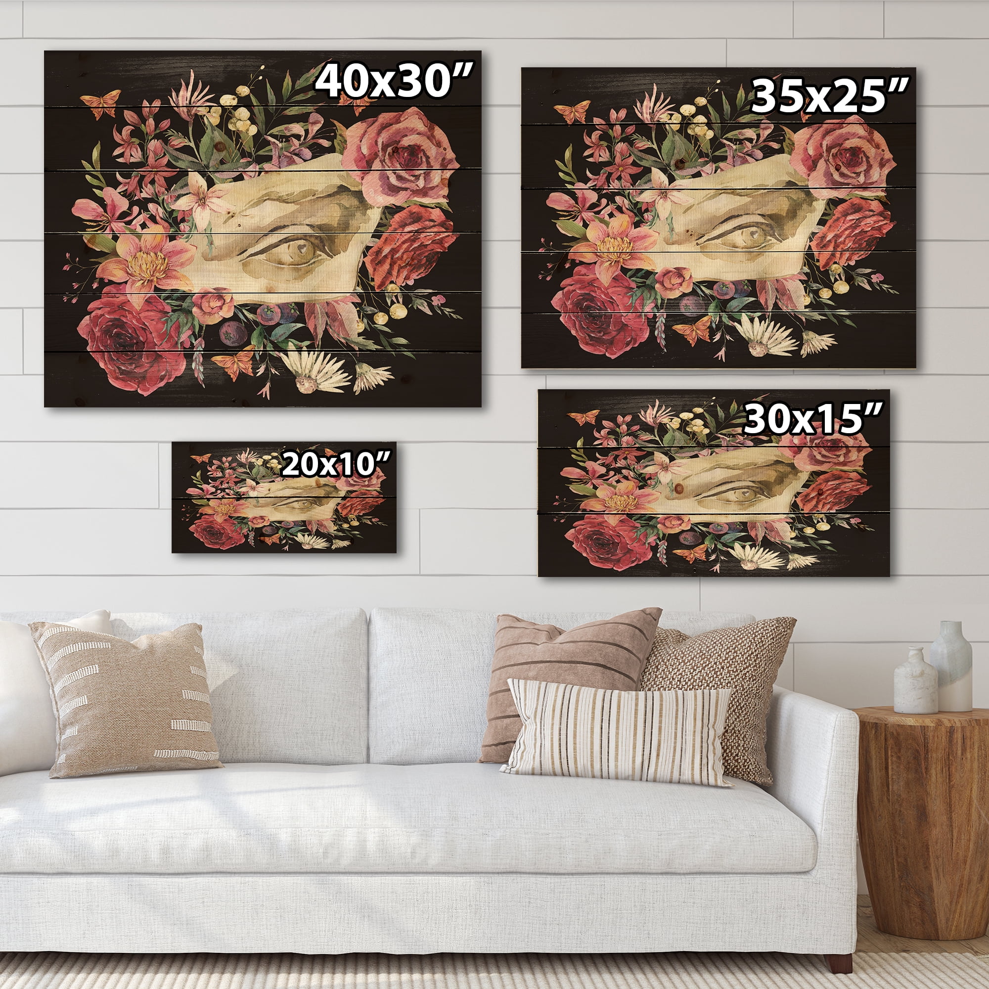 Designart 'Dried Wildflowers With Greek Sculpture David Eye' Farmhouse Print on Natural Pine Wood