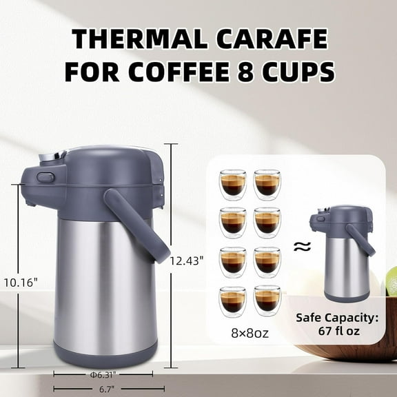 74oz Airpot Coffee Dispenser with Pump, Insulated Coffee Carafe for Hot Liquids, Stainless Steel Vacuum Insulated Pump Dispenser for Hot/Cold Beverages (2.2L)