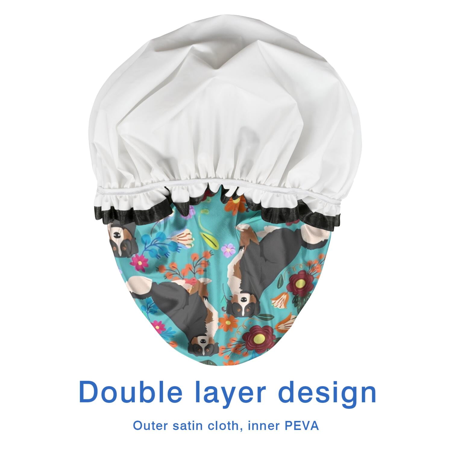 Shower Caps,Bernese Mountain and Flower Waterproof Shower Cap for Women 4 Pieces,Double Reusable Hair Cover for Shower PEVA Elastic Stretch Hem