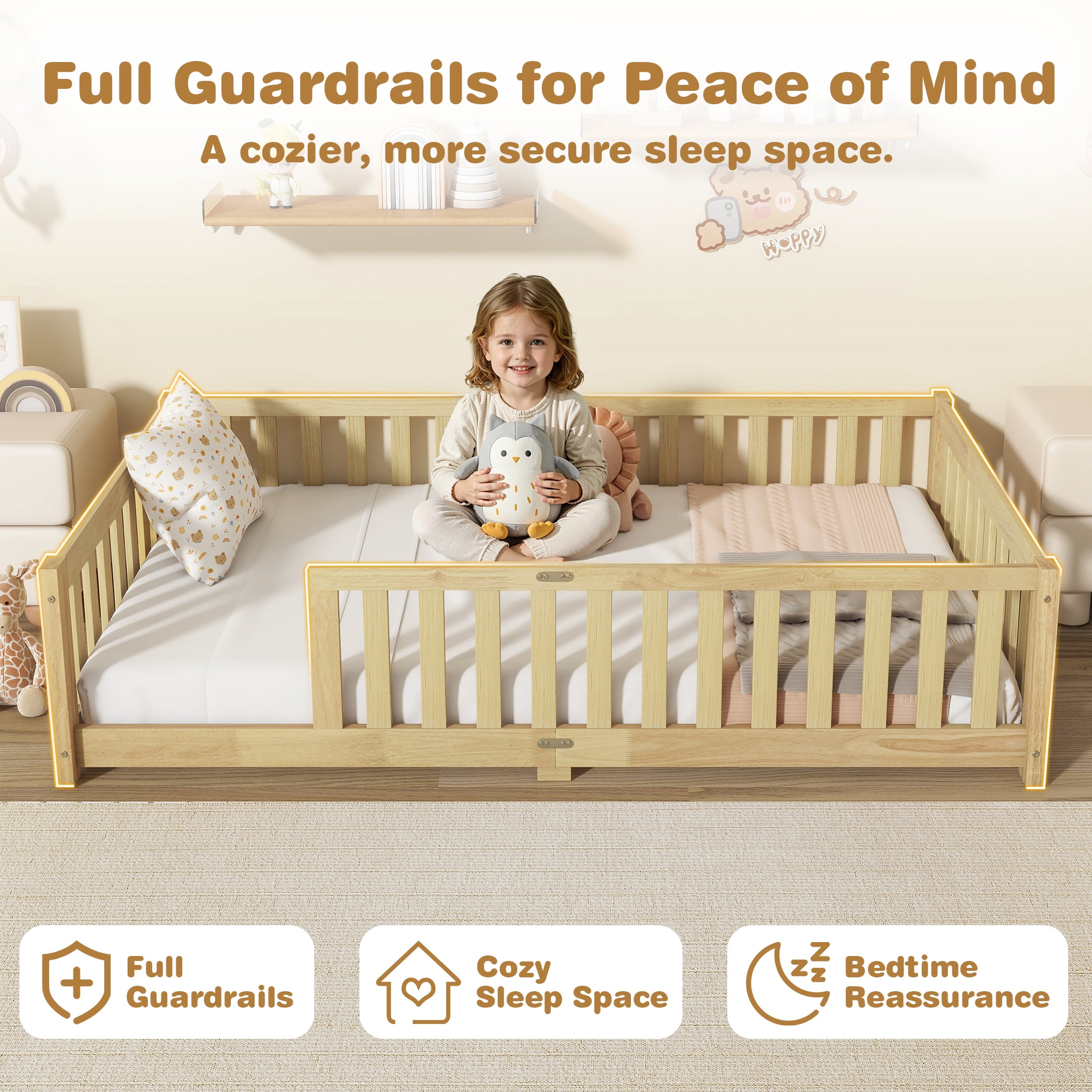 Sesslife Twin Montessori Floor Bed, Wood Twin Size Floor Bed Frame with Safety Guardrails and Slats, Low Profile Toddler Bed for Kids Boys and Girls, No Box Spring Needed, Natural