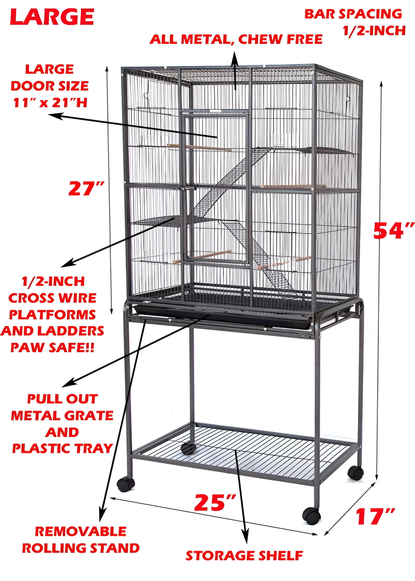 54" LARGE Deluxe 3-Level Small Animal Critter House Habitat Cage With Narrow 1/2-inch Wire Spacing for Guinea Pig Ferret Chinchilla Sugar Glider Rats Mice Hamster Hedgehog Gerbil
