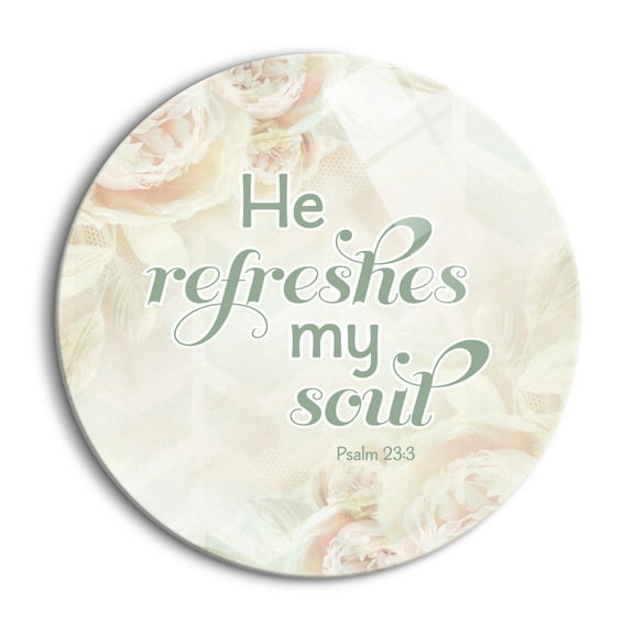He Refreshes My Soul Cream Chevron Floral 24 inch Glass Round Wall Hanging Sign