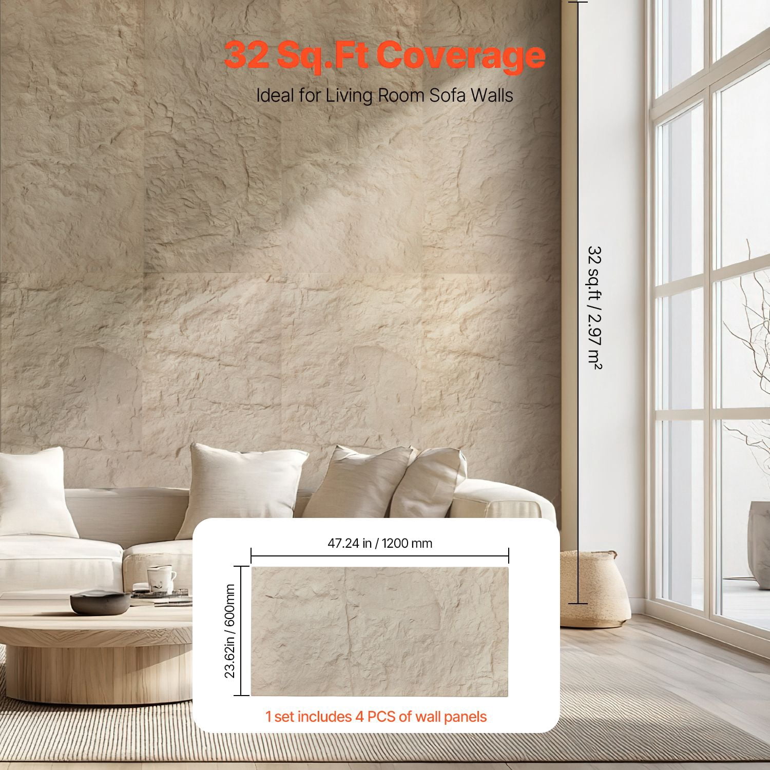 3D Wall Panels, 4 Pack 48 x 24 in PU Natural Stone Imitation Wall Art Tiles, 32 Sq.Ft Coverage Accent Wall Panel, Interior Home Decor for Ceiling, Bedroom, Living & Gaming Room, Stone Yellow