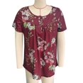 thumbnail image 1 of Camiseta de verano para mujer, blusas informales plisadas con botones delanteros de manga corta para uso diario, floral rojo vino L, 1 of 2