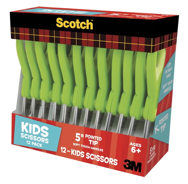 Scotch 5' Soft Touch Pointed Kid Scissors, Green, 12/Pack