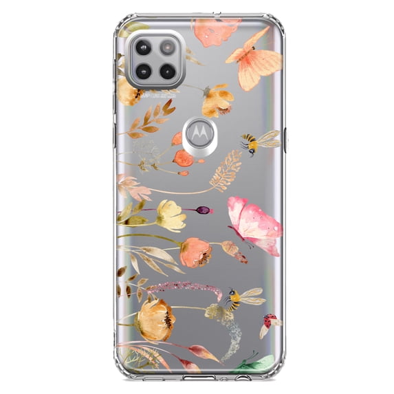 MUNDAZE Motorola One 5G Shockproof Clear Hybrid Protective Phone Case Peach Meadow Wildflowers Butterflies Bees Floral Cover