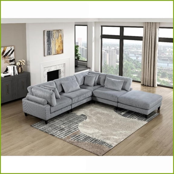 Gray Corduroy 5-Piece Modular Sectional Set – 120x120 Inch Living Room Sofa with Pillows | Solid Wood Frame | Corduroy Upholstery