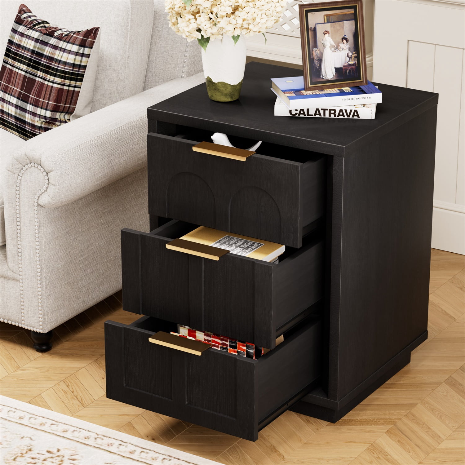 Hommoo 2-Pack Modern Nightstands with Arched Drawer Fronts, 3-Drawer Storage Side Tables with Gold-Tone Metal Handles for Bedroom, Living Room or Office, Black