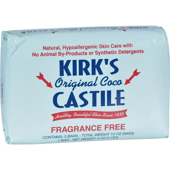 Kirks Natural Original Coco Castile Bar Soaps, Fragrance Free, 3 Ea
