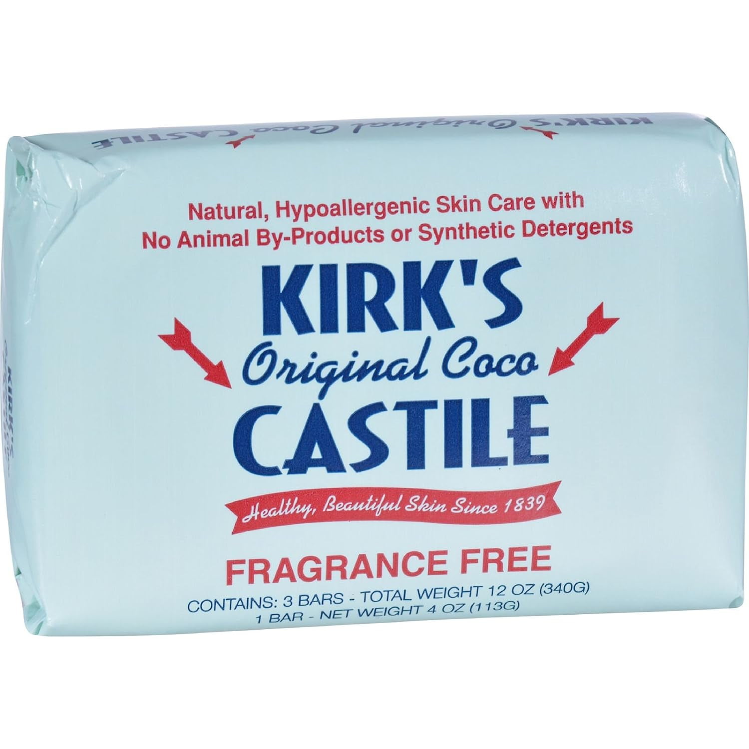 Kirks Natural Original Coco Castile Bar Soaps, Fragrance Free, 3 Ea