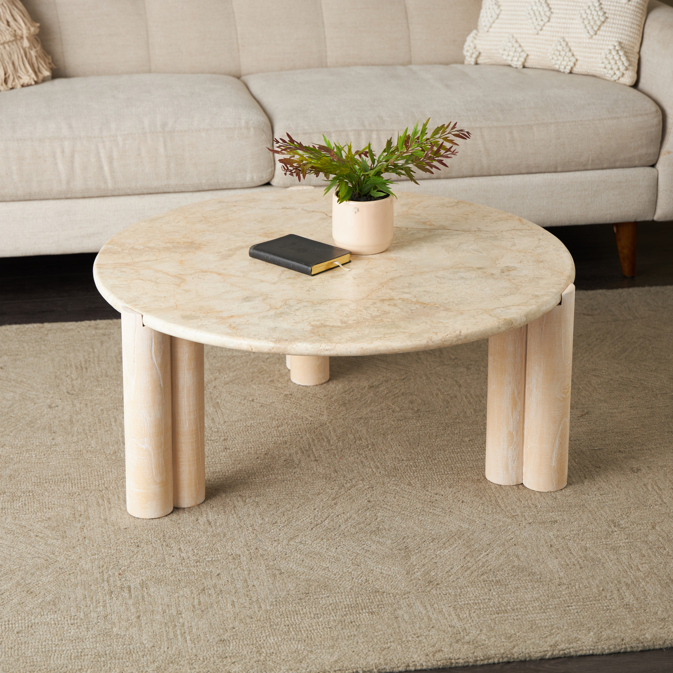 DecMode 35" x 15" Cream Teak Wood Handmade Coffee Table with Beige Marble Tabletop, 1-Piece