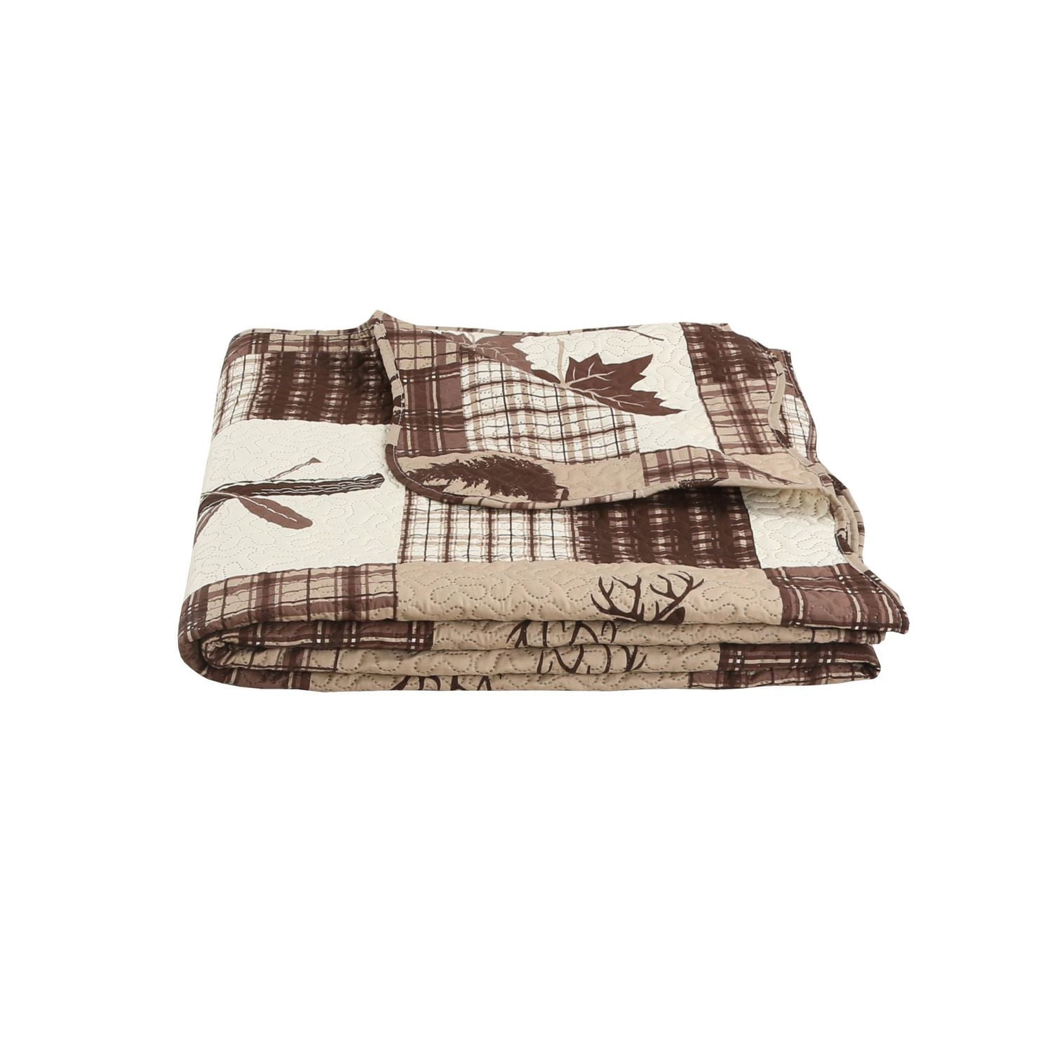 Marina Decoration Rich Printed Embossed Pinsonic Coverlet Bedspread Ultra Soft Bedding Summer Quilt Set with Shams, Brown Cabin Maple Deer Plaid Pattern