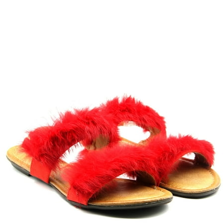 

Women Pom Pom Wide Strap Fur Cute Stylish T-Strap Sandals Flats Shoes Red