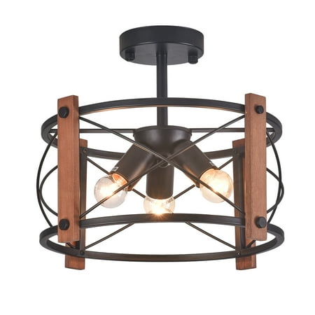 

Aiwen Metal Wood Caged Semi Flush Mount Ceiling Lamp with 3 Lights