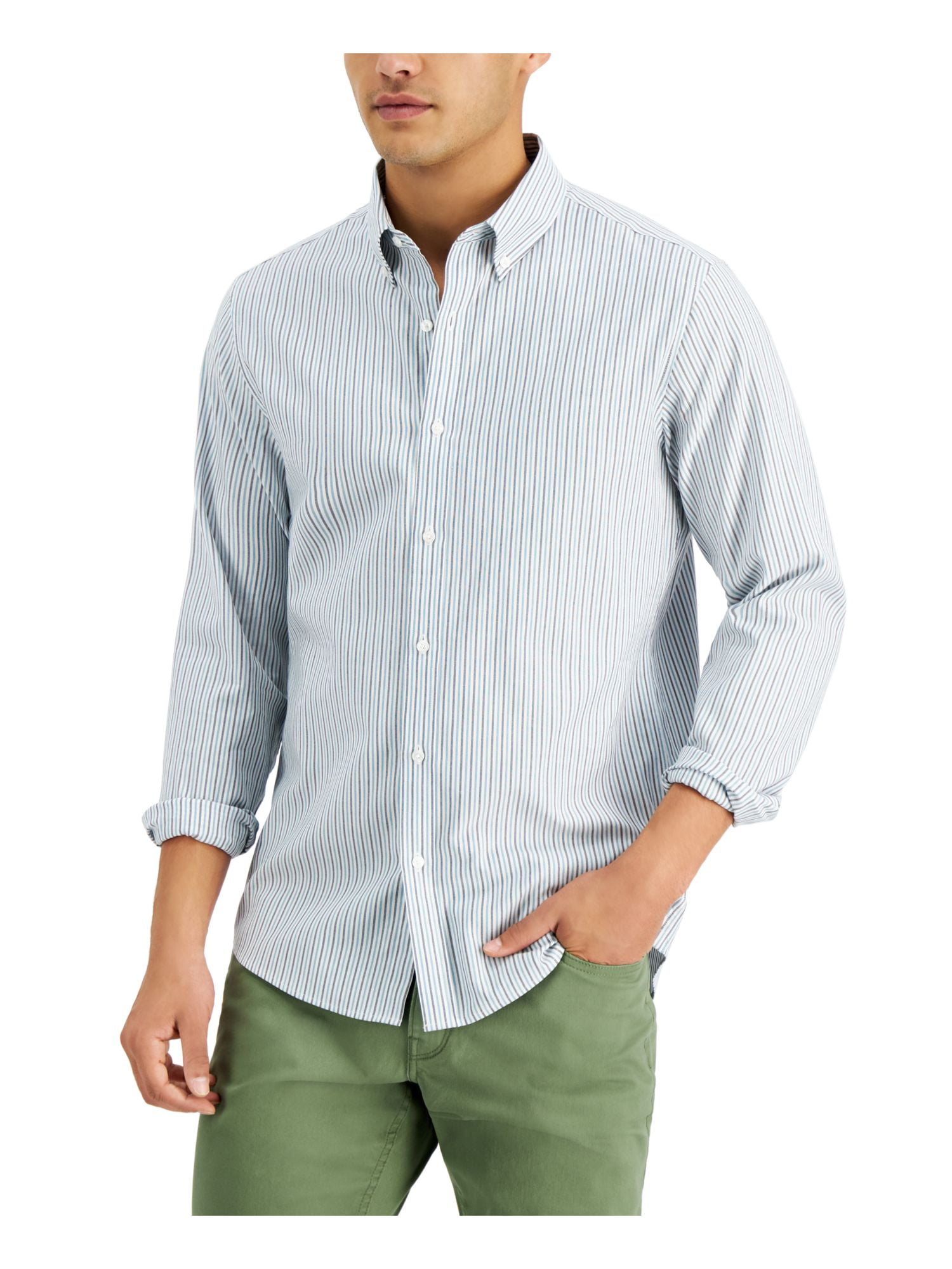 MICHAEL KORS Mens Green Pinstripe Long Sleeve Collared Slim Fit Button Down  Cotton Cotton Shirt L 