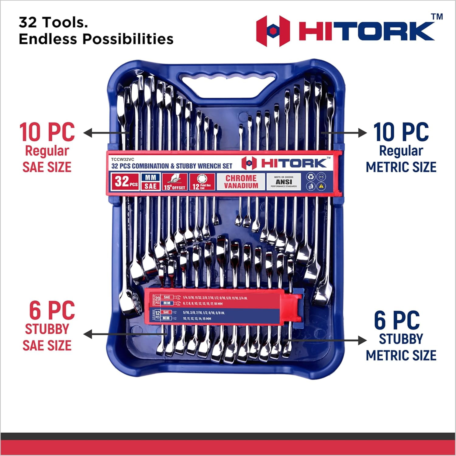 32 Piece Wrench Set SAE & Metric 20 Standard & 12 Stubby Combination Wrenches Cr-V Steel 12-Point Mirror Finish 15 °   Offset with Organizer Tray Ideal for Auto & Home Repair