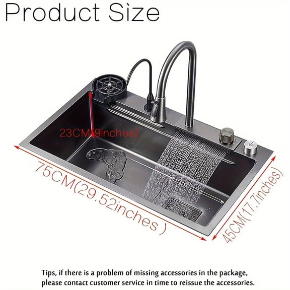 Nano Waterfall Kitchen Sink w/ Pull-Out Faucet & Cup Washer - 304 Stainless Steel Single Basin Workstation for Home