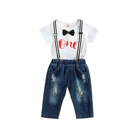 

Spring hue Baby Boys Girl Outfit First Birthday Short Sleeve Romper + Denim Bib Pant 2pcs
