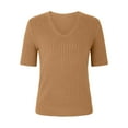thumbnail image 4 of Women's Solid Color Sweater Short Sleeve V-Neck Pullover Soft Lightweight Knit Top for Everyday Casual Style Camel XXL, 4 of 6