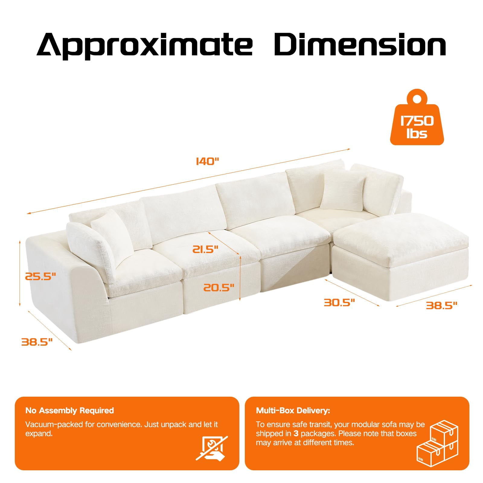 140" Cloud Couches Boneless Couch 4 Seater Sofa Modular Sectional Sofa with Ottoman, No Assembly Required