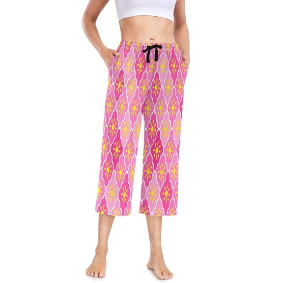 Women's Cropped Pajama Pants Wide-leg Summer Sleep Pants with Pockets Loose Fit Comfy Pj Pants ,Pink-sun Design Print S