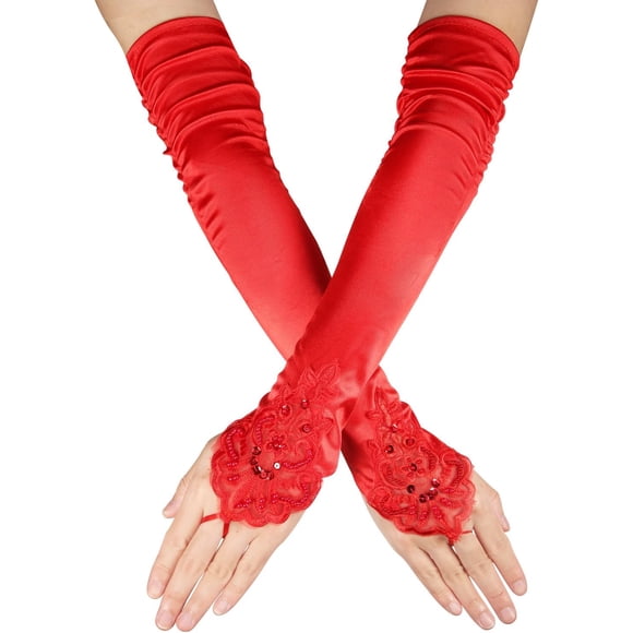 Long Lace Gloves, Soft Fingerless Lace Gloves 1920s Opera Elbow Length Women's Sexy Long Satin for Bridal Wedding Women Tea Masquerade(Red)