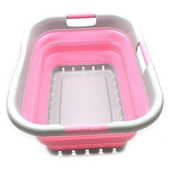 SAMMART Collapsible 3 Handled Plastic Laundry Basket Foldable Pop Up Storage Container Organizer Portable Washing Tub Space Saving Hamper Basket 3 handled rectangular Grey Pink