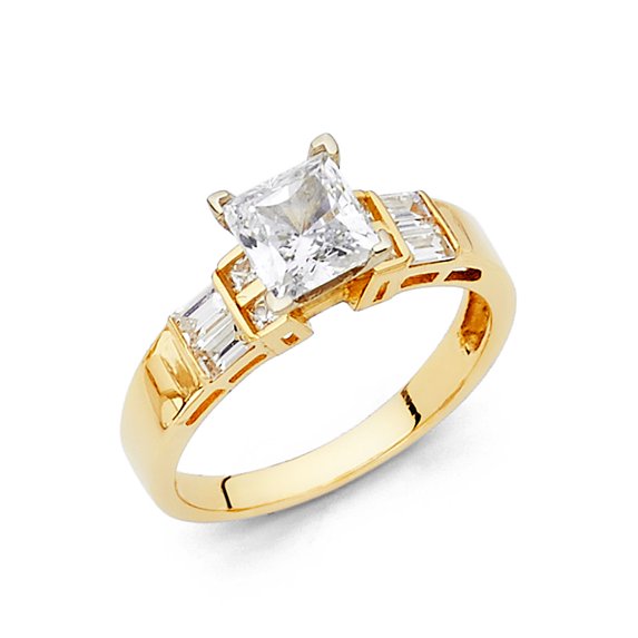 Princess CZ Engagement Ring 14k Yellow Gold Anniversary Solitaire CZ Band Baguette Side Stones Size 9