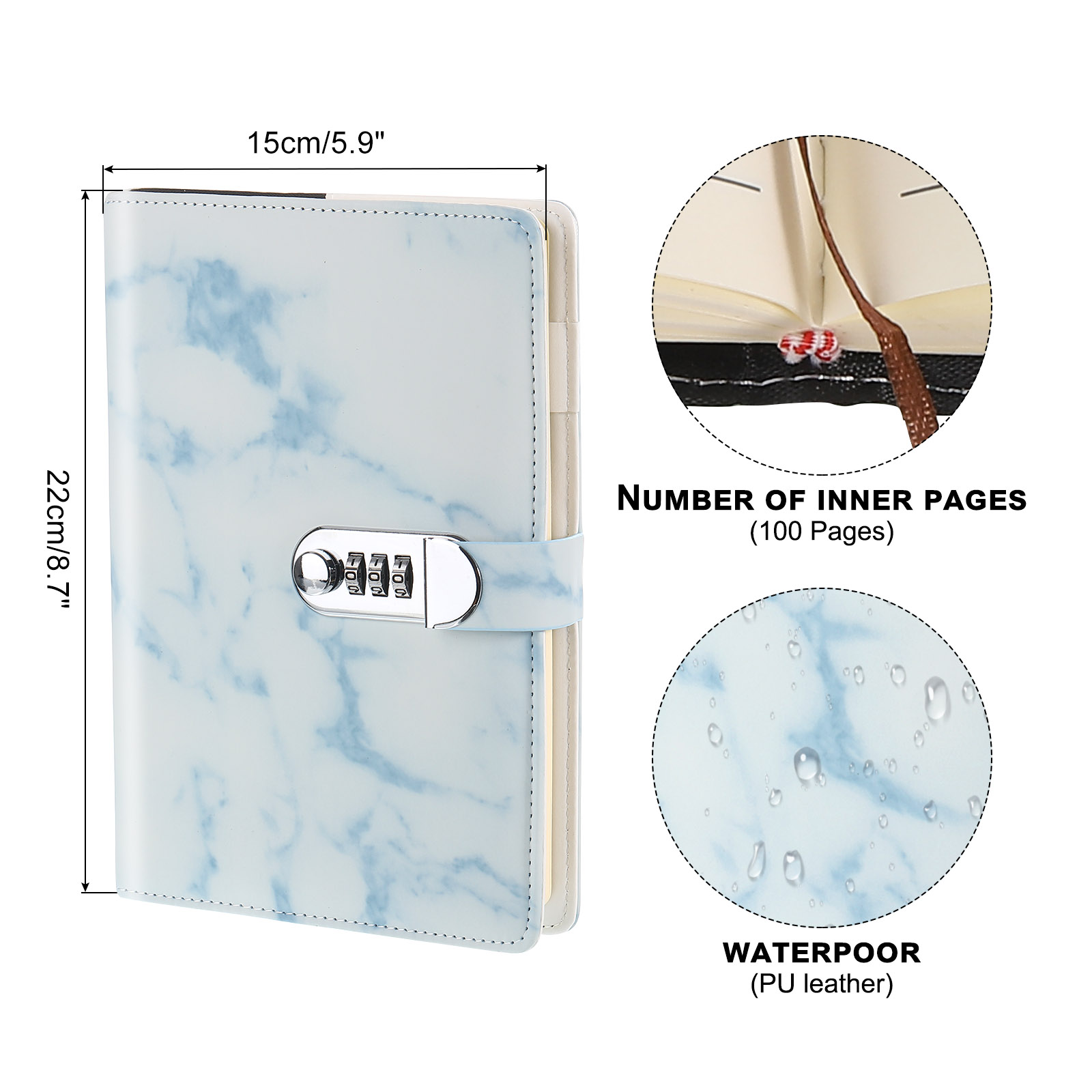 Uxcell A5 Diary with Lock, Journal with Lock Cute Journaling Leather Notebook Journal Marble Diary, Blue
