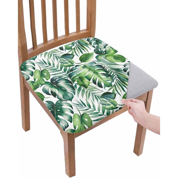 Tropical Chair Seat Covers for Dining Room Stretch Chair Seat Covers Set of 2, Green Palm Leaf Summer Plant Chair Seat Protector Cushion Slipcovers for Kitchen Restaurant Office