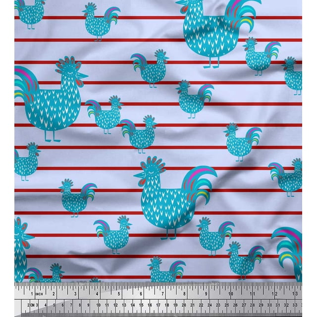 Soimoi Blue Poly Georgette Fabric Cock & Stripe Print Sewing Fabric Yard 42 Inch Wide