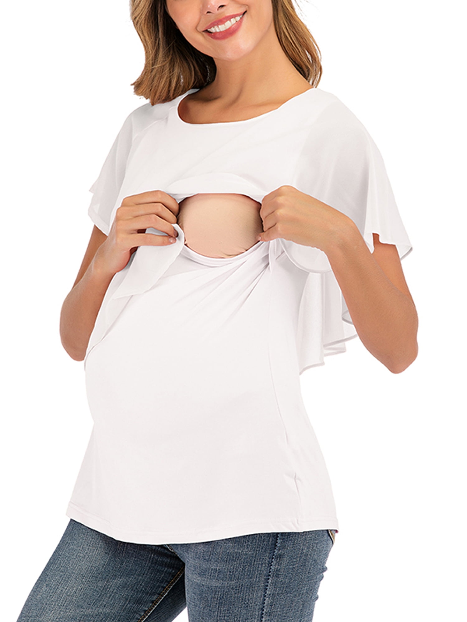 Maternity Blouse for Pregnant Women Nursing Breastfeeding Tops Pregnant Short Sleeve Shirts Breathable Summer Tees 