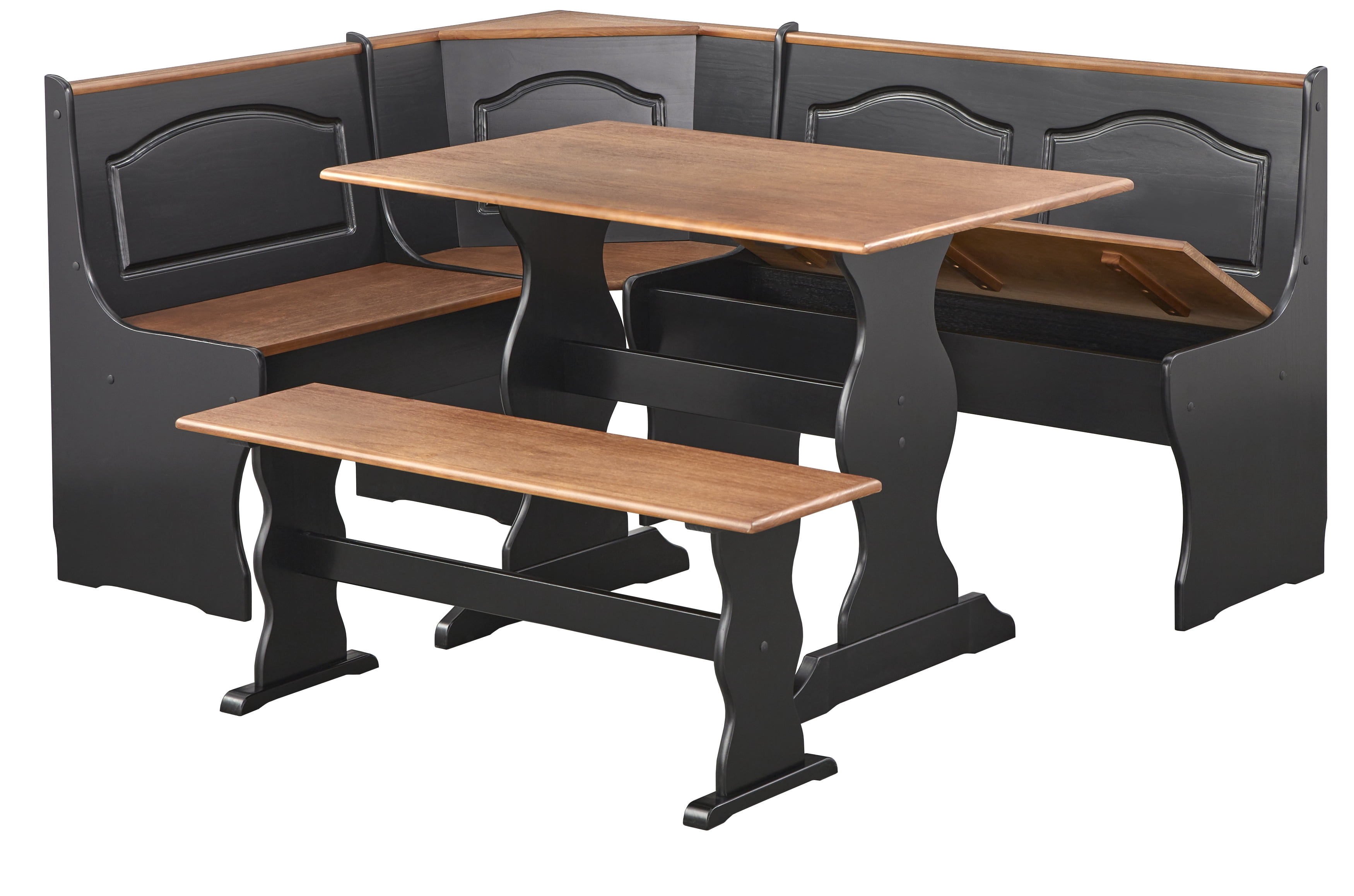TMS Knox 3-Piece Corner Reversible Indoor Dining Breakfast Nook with Storage, Includes Nook, Table and Bench, Black/Walnut