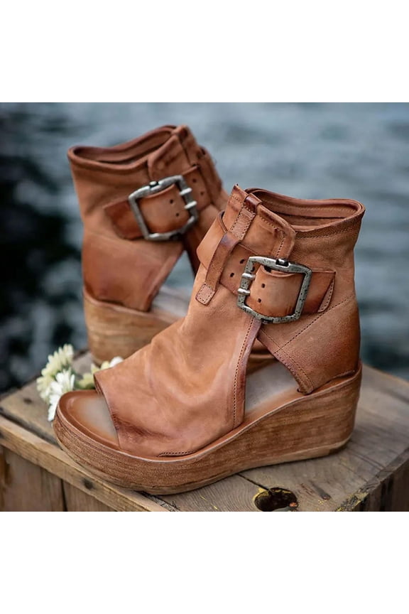 Wedge Sandals for Women Open Toe Buckle Strap Ankle Boots Vintage Hollow Out Platform Sandals Summer Casual Shoes Size 8.5 Brown