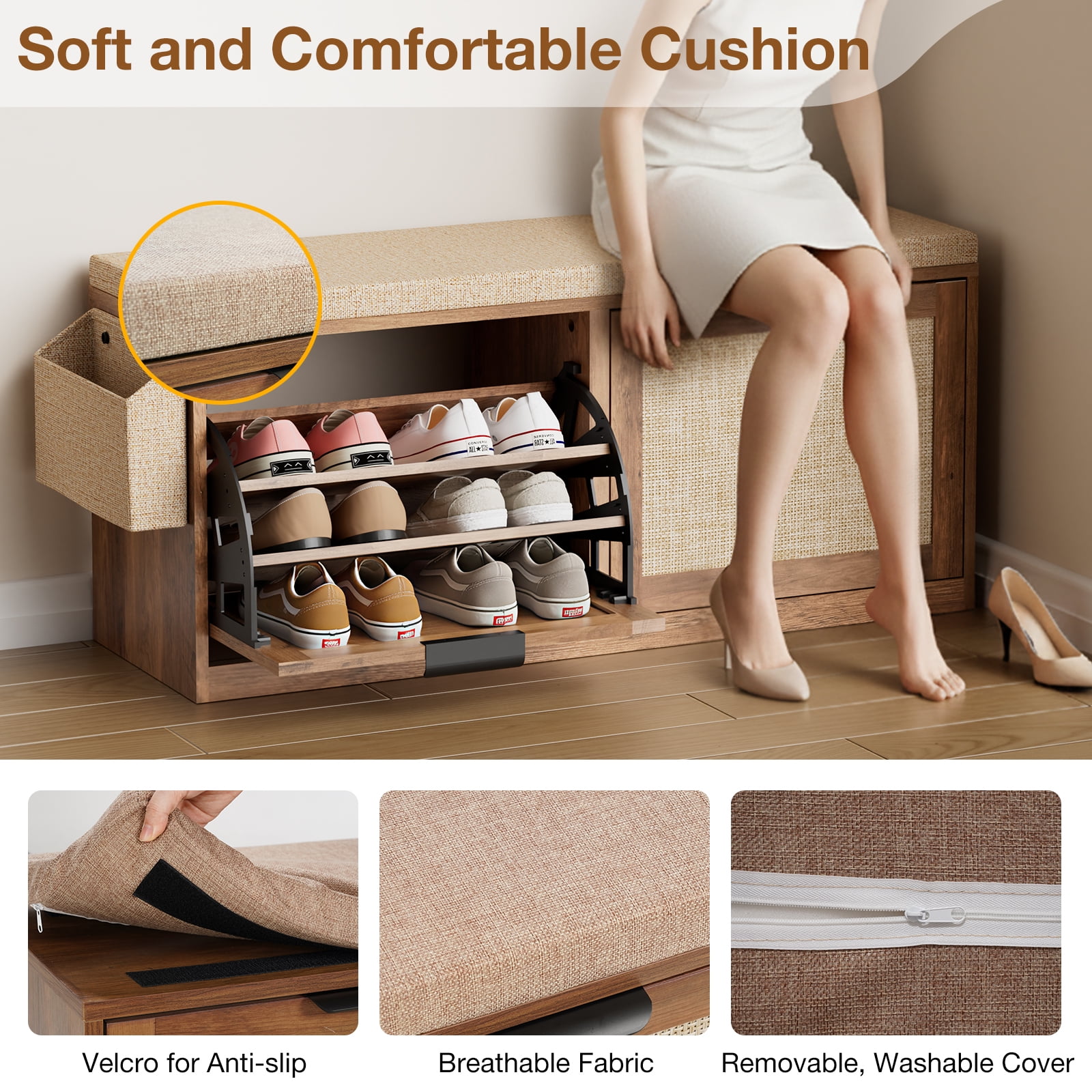 HOMMPA Shoe Storage Bench with Flip-Up Shoe Cabinet Entryway Bench with Side Organizer & Padded Seat Cushion Hallway Storage Bench Shoe Rack Organizer for Bedroom Living Room