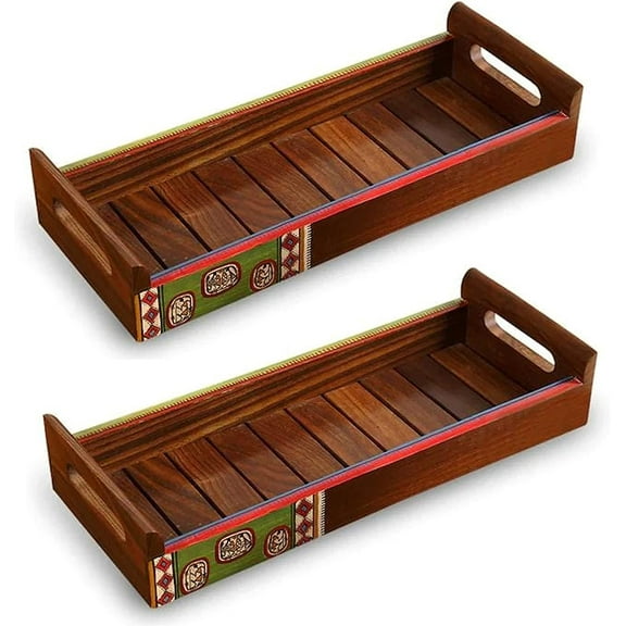 India Meets India Handmade Wooden Serving Tray/Coffee Tray/Beverages Tray [Brown], Decorative Tray for Home/Living Room/ Dinning/ Office/Gifts, Rectangular Tray w/ Oval Shaped Handle, Set of 2