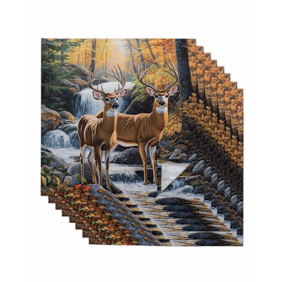 nqOlkjepod Autumn Forest Deer Cloth Napkins Set of 8 Reusable Dinner Napkins, Vintage Elk River Cocktail Napkin Washable Table Napkins for Wedding/Holiday Party/Baby Shower 20"x20"