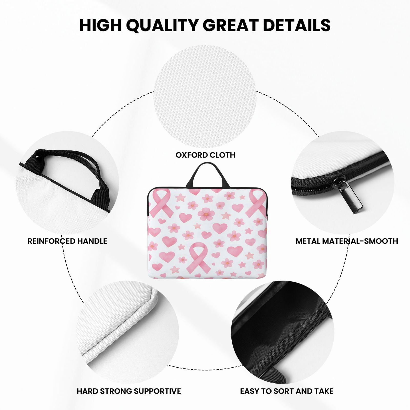 Laptop Sleeve Bag For Women Men 14inch Waterproof Durable Protective Computer Carrying Cover Handle Laptop Case Bag Watercolor Pink Ribbon Pattern With Hearts And Stars