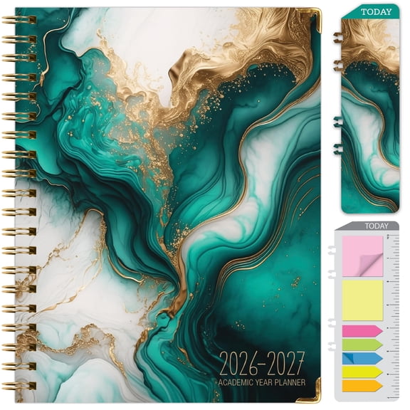 2026-2027 Excello Brands 8.5" x 11" Academic Year Hardcover Fashion Planner, Weekly/Monthly, 14 Month, Teal Gold Marble