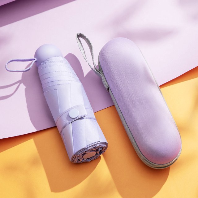 Miniparaguas portátil de cinco pliegues con pegamento negro, para mujer, con protección solar UV, para sol y lluvia, de doble uso, compacto