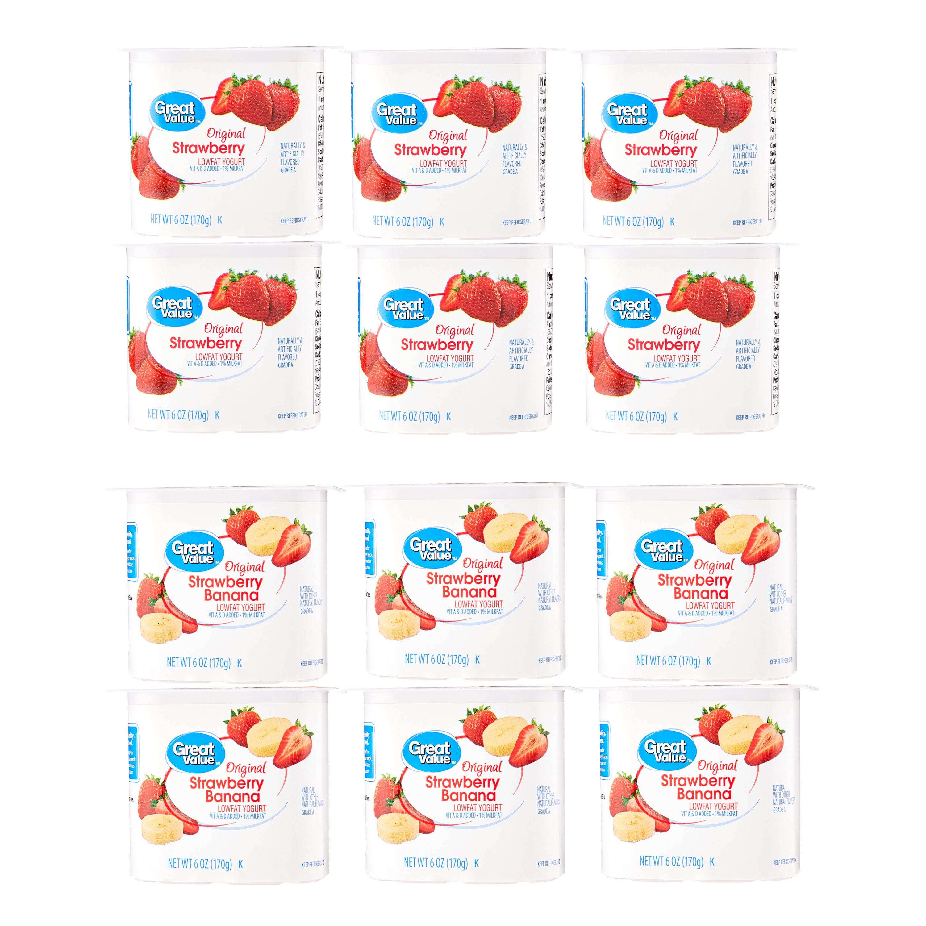 Great Value Original Strawberry and Strawberry Banana Lowfat Yogurt, 6 oz Cups, 12 Pack