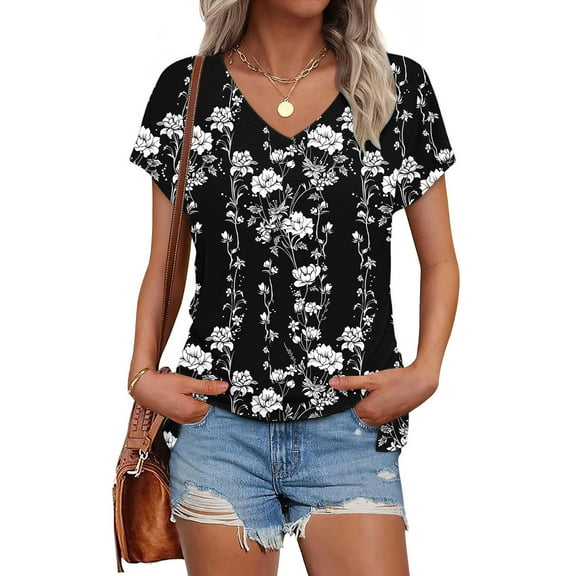 ALLLIST Floral Tops for Women V Neck Short Sleeve Tee Shirts Summer Casual Blouse Tops for Ladies