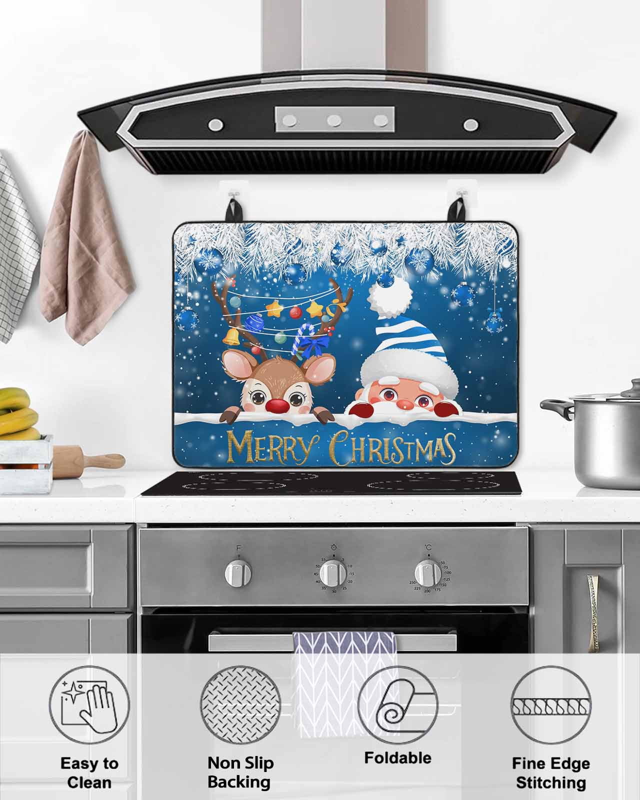 Large Induction Cooktop Protector Mat Christmas Stove Top Covers for Electric Stove, Cute Santa Claus Reindeer Xmas Balls Snowy Navy Blue Decorative Stove Burner Cover Mats, Glass Top Stove Cover