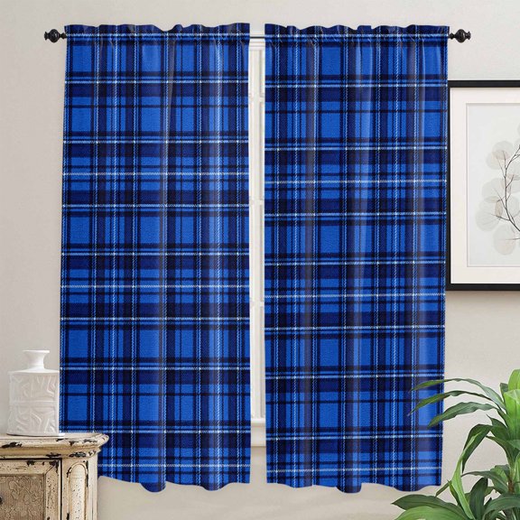 Buffalo Plaid Kitchen Curtain for Berdoom Living Room Cafe 72 Inch Length, Christmas Blue Black Checkered Farmhouse Grid Tiers Curtains Light Filtering Drapes Window Treatment 2 Panels 52"Wx72"L
