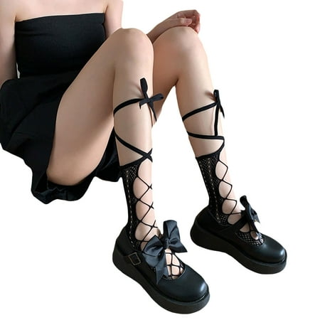 

Women Gothic Hollow Out Fishnet Calf Socks Lolita for Cross Bandage Mesh Stockin