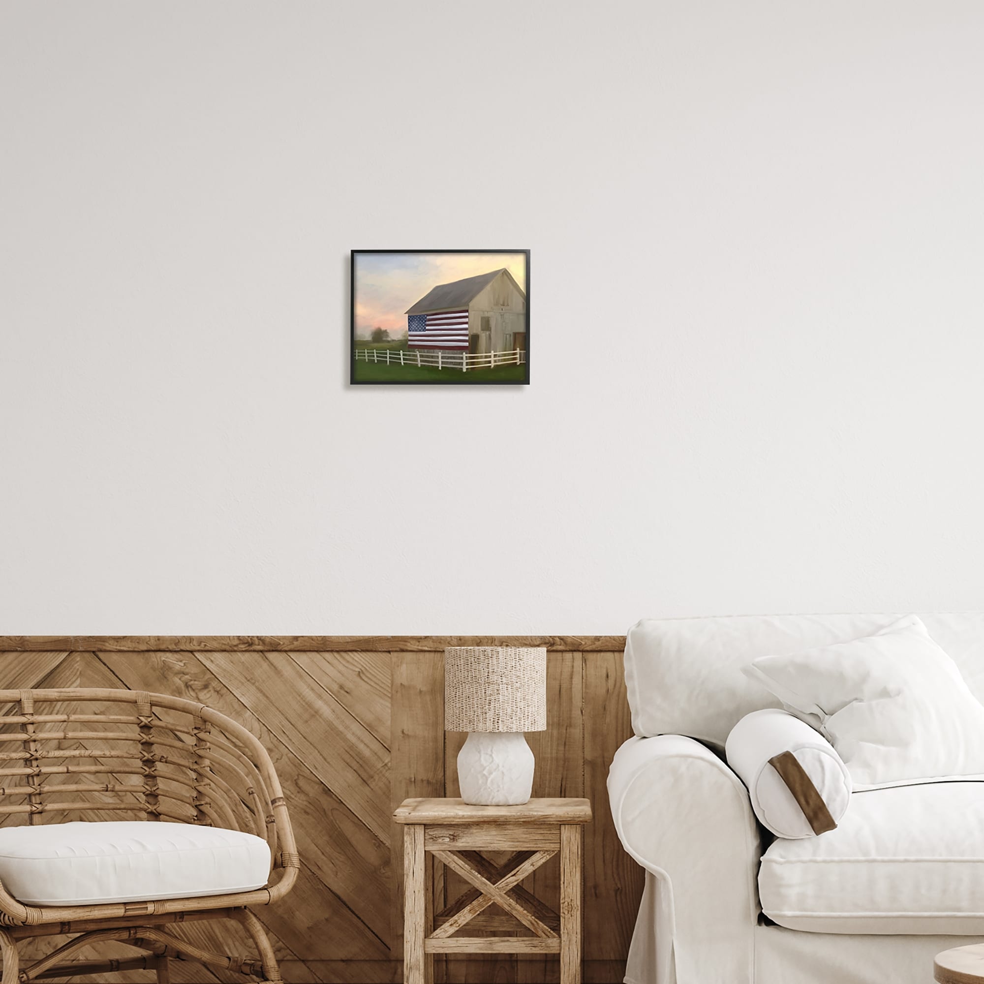 Stupell Industries Flag Rural Barn Sunset Farm Landscape Painting Black Framed Art Print Wall Art, Design by Amy Hall